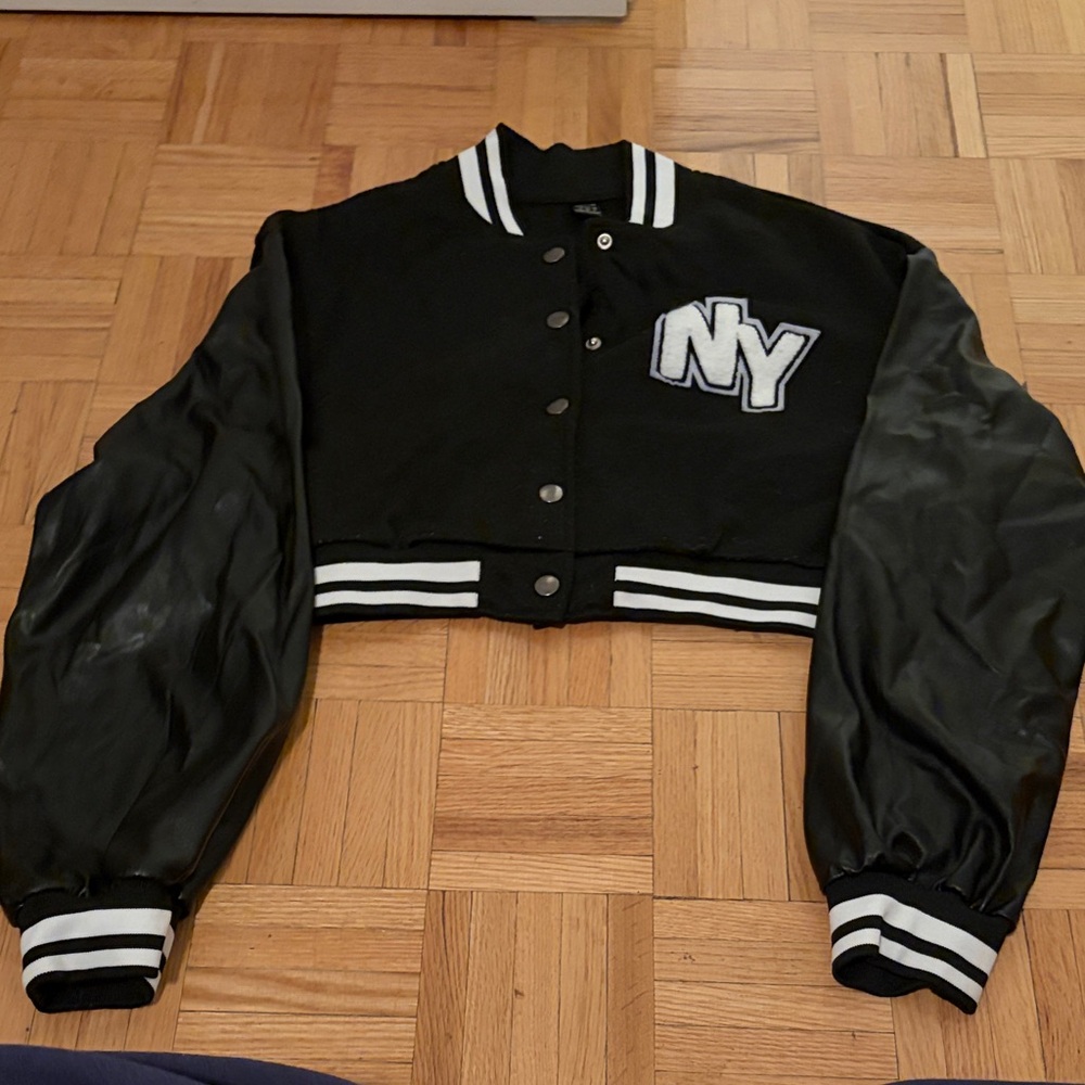 SHEIN Black and White Cropped Varsity Jacket